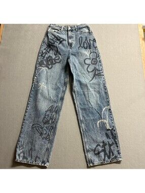 H&M Divided Graffiti Print Jeans Womens Size 2 Blue Acid Wash High Rise Denim